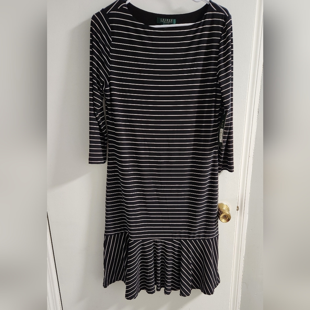 Lauren Ralph Lauren Black and White Striped Long-Sleeve Drop Hem Midi Dress, PL
